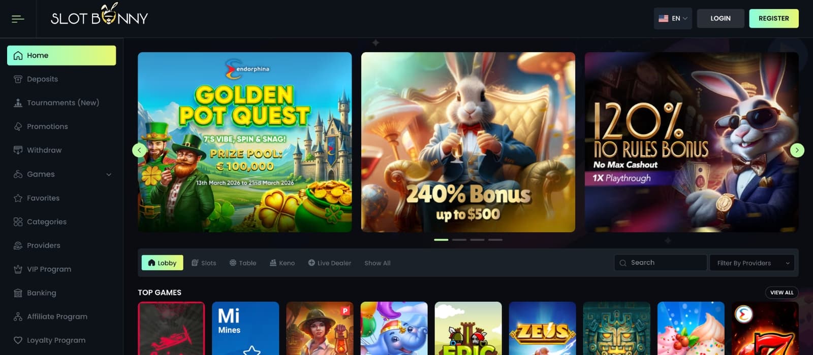 SlotBunny Casino homepage displaying featured offers and main menu