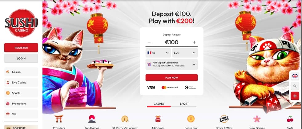 sushi casino homepage with bonus description and japanese themed cats