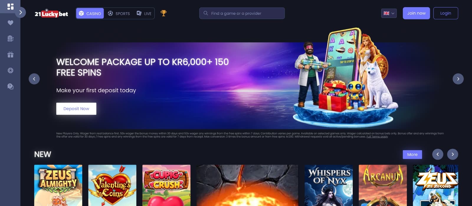 Homepage of 21LuckyBet showing current promotions and primary navigation menu