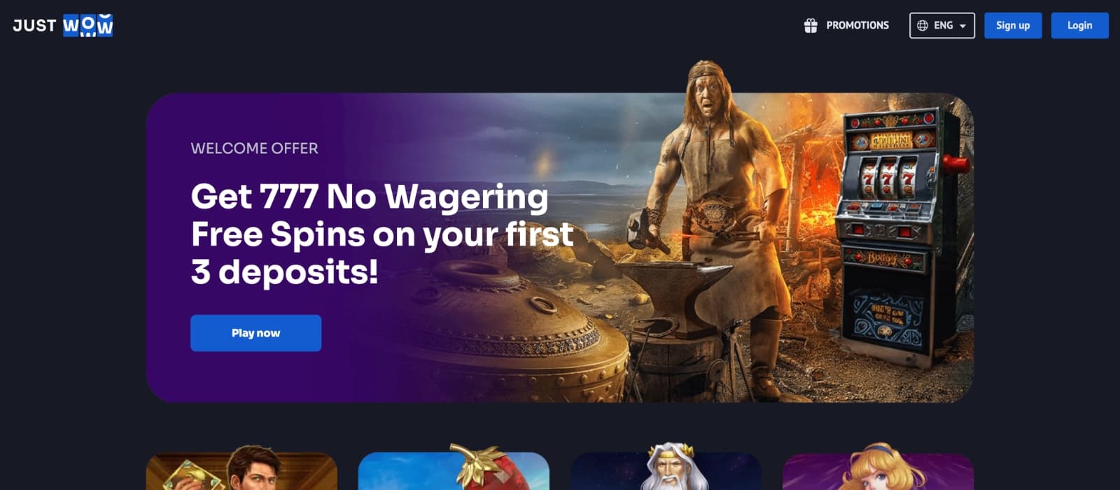 JustWOW Casino homepage showing welcome bonus banner, slot promotions and clean dark interface