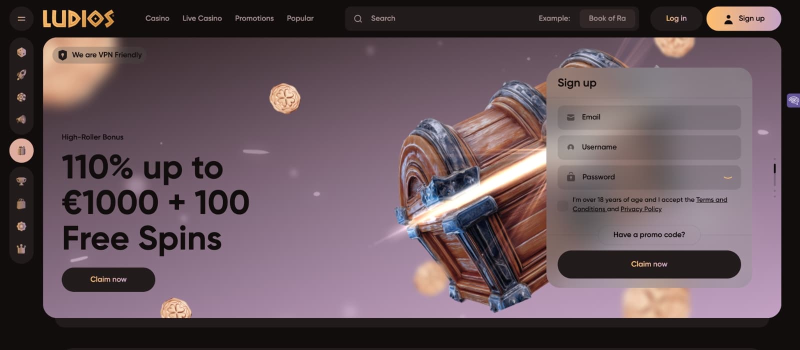 Front landing page of Ludios casino showing promotional banners and game categories