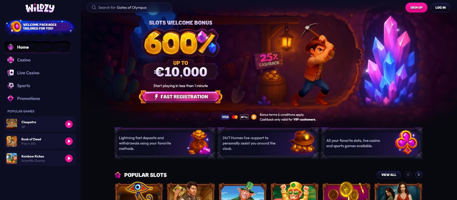 Wildzy Casino homepage showing large welcome bonus banner, game categories and promotions
