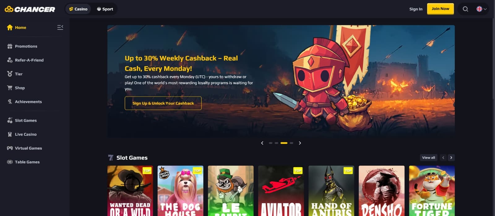 Chancer Casino homepage showing main navigation and promotional banners