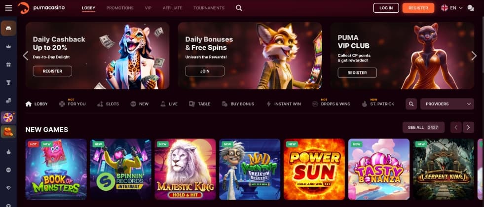 homepage of puma casino with selection of slots and bonuses