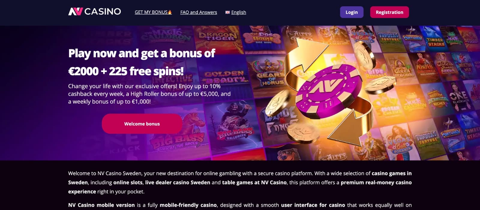 NV Casino homepage showing welcome bonus banner, featured games and navigation menu