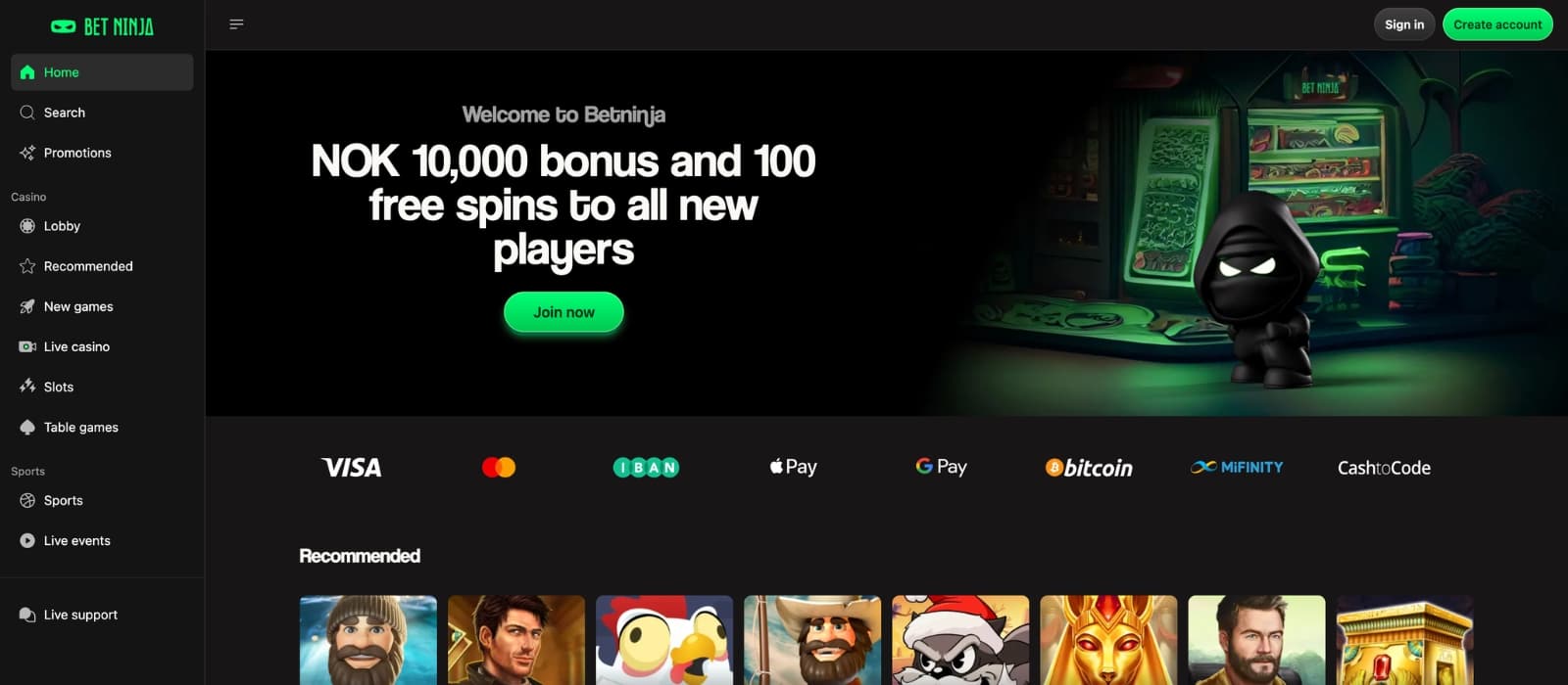 BetNinja homepage with highlighted bonus offers and game sections