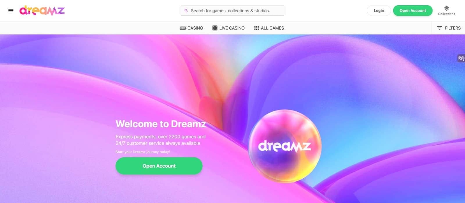 Dreamz Casino home screen showing featured offers and top navigation