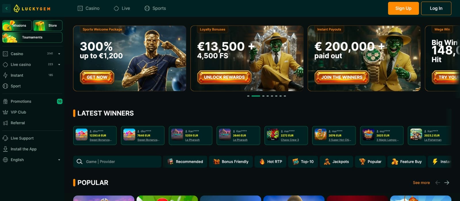 Main landing page of LuckyGem with promotional banners and game categories