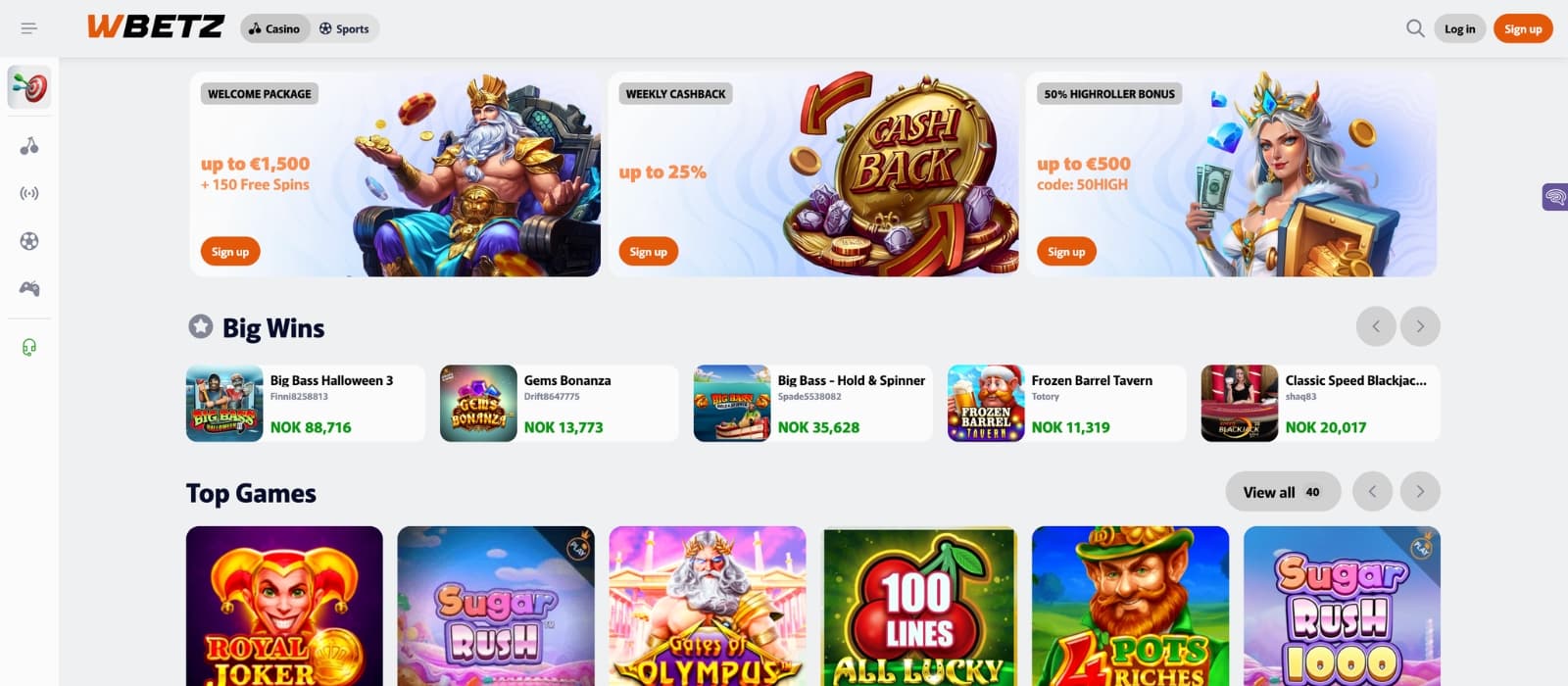 Front page of Wbetz with promotional banners, login, and highlighted game categories