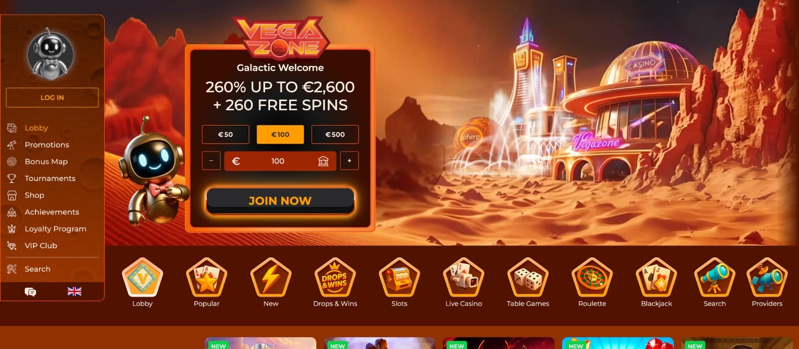 VegaZone Casino homepage with welcome bonus banner and featured games