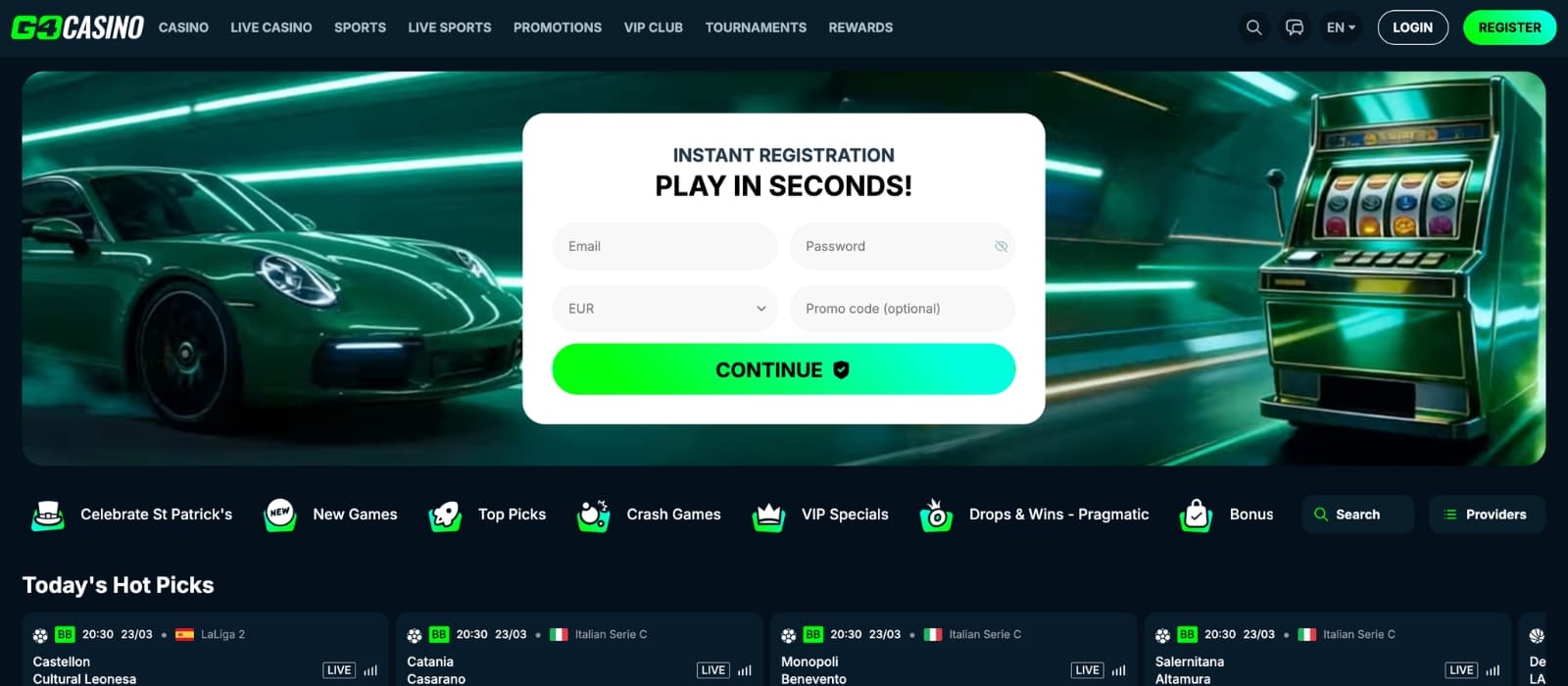 Go4Casino homepage showing welcome bonus banner and featured game providers