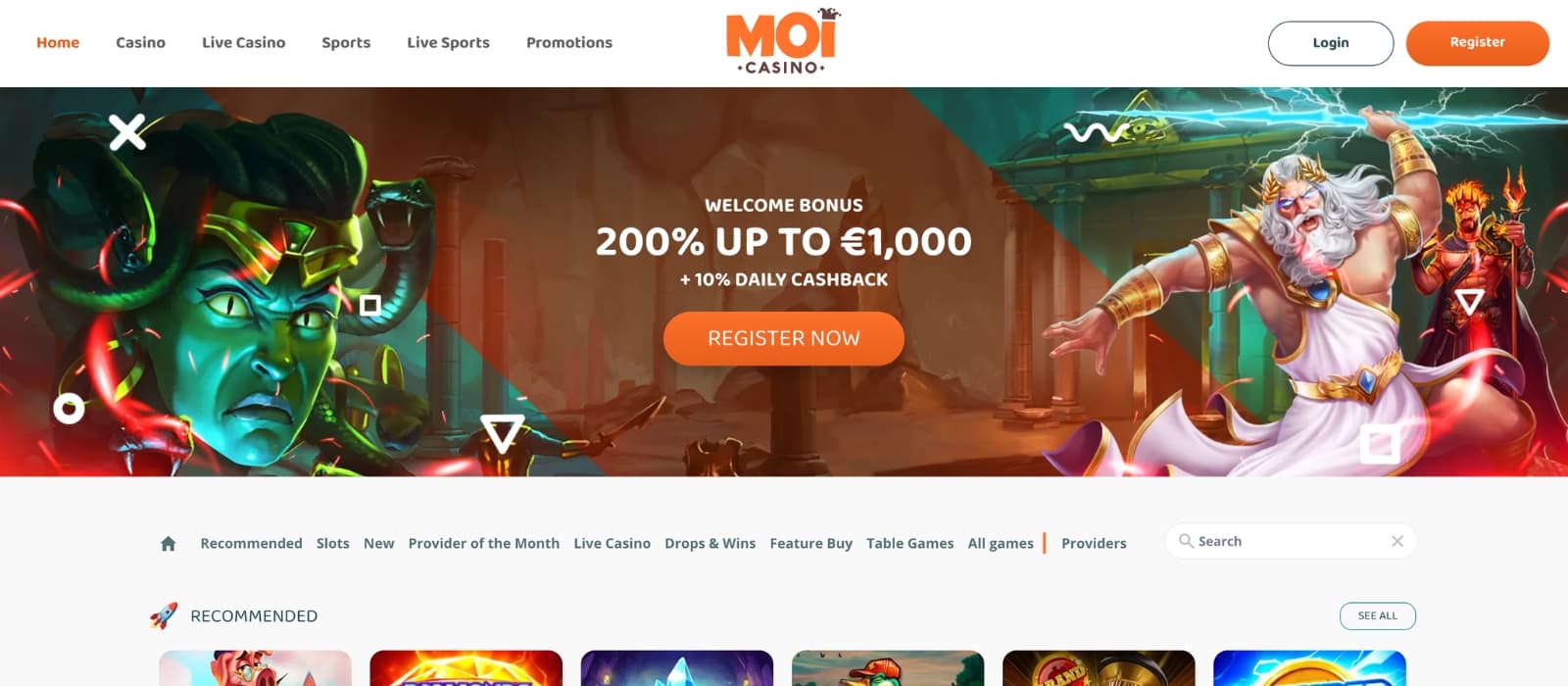 MOI Casino homepage with featured offers and game categories visible