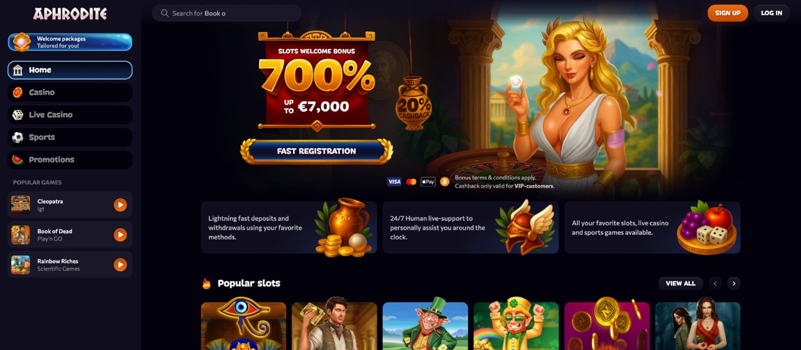 Aphrodite Casino homepage showing welcome bonus banner, navigation menu and featured casino games