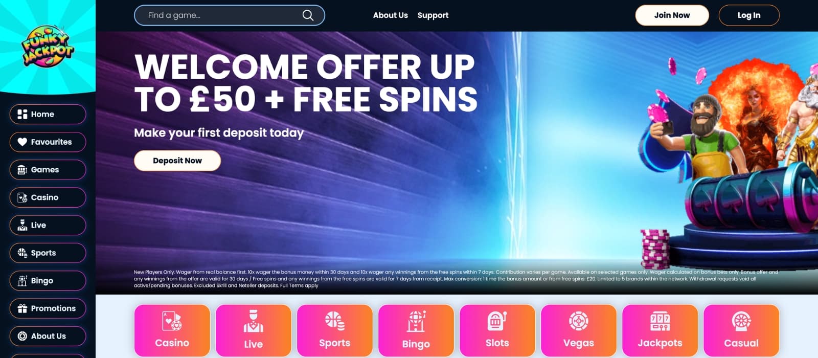 Funky Jackpot Casino homepage showing retro-themed design, welcome bonus banner and featured slot games