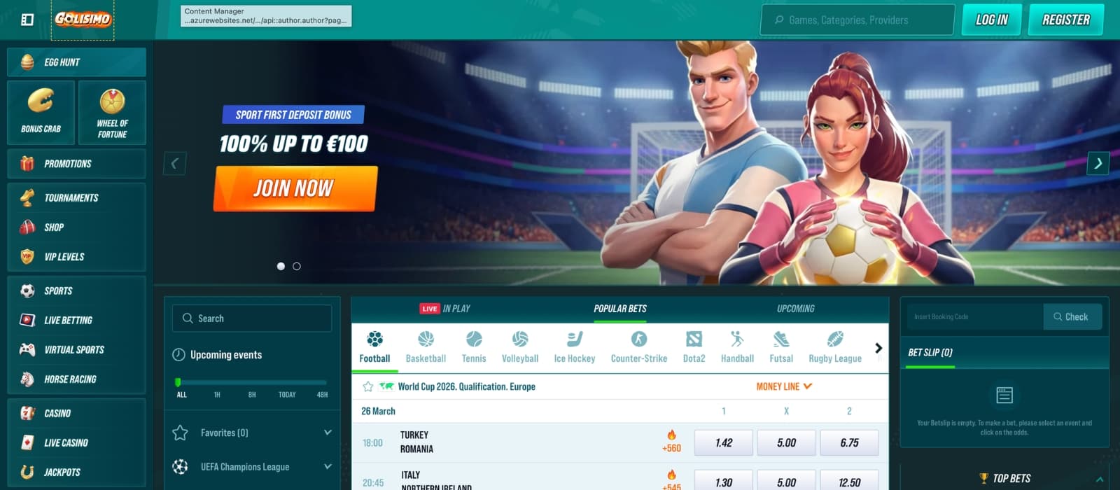 Golisimo Casino homepage showing soccer-themed design, welcome bonus banner and navigation menu