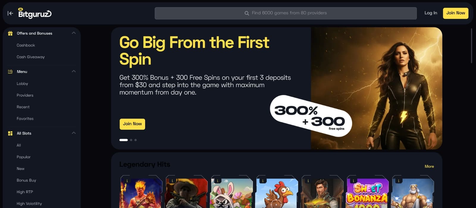 BitGuruz Casino homepage showing crypto welcome bonus banner, featured slot games and modern dark interface