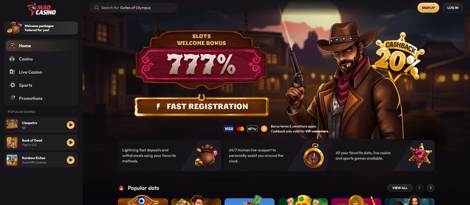 Mad Casino homepage showing welcome bonus banner, navigation menu and featured casino games
