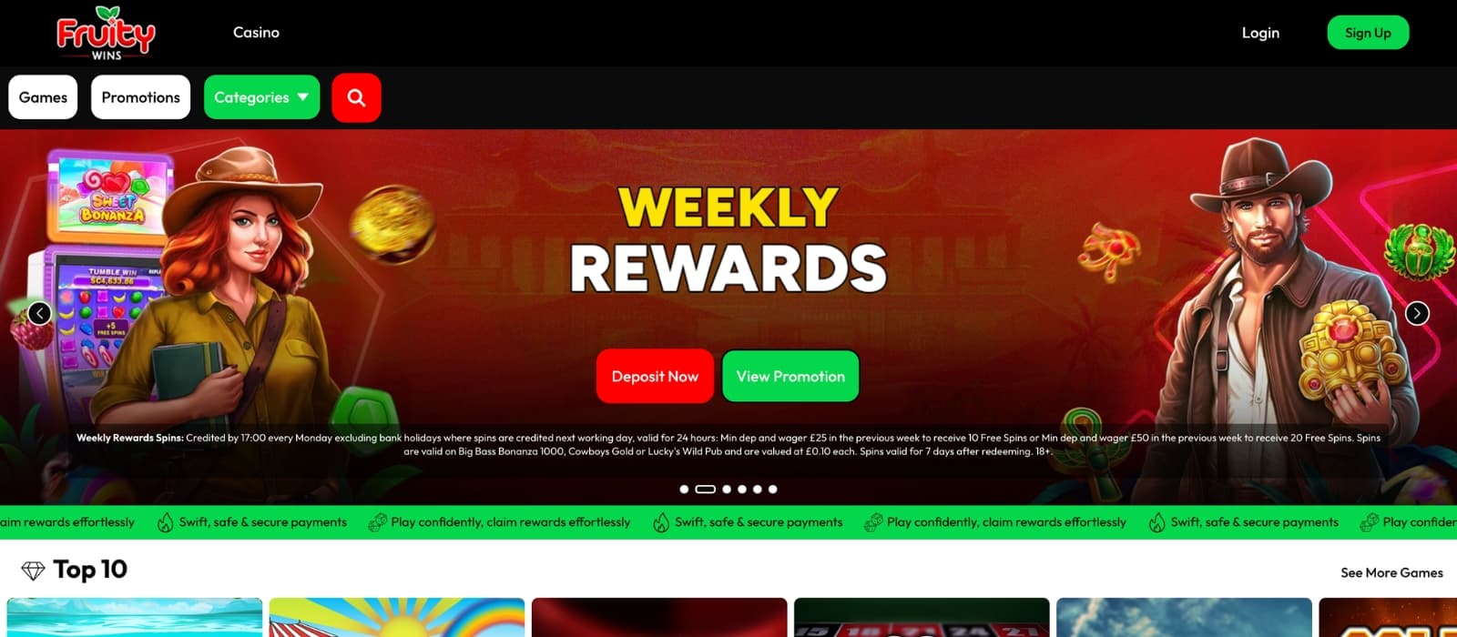 FruityWins online casino homepage highlighting offers and play options