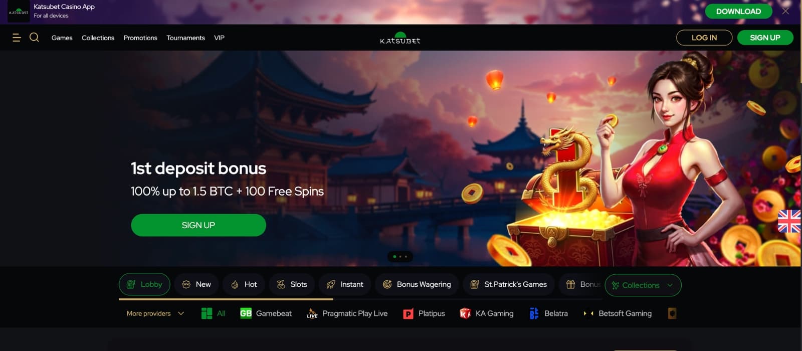 KatsuBet Casino homepage showing welcome bonus banner, navigation menu, and featured slot games”