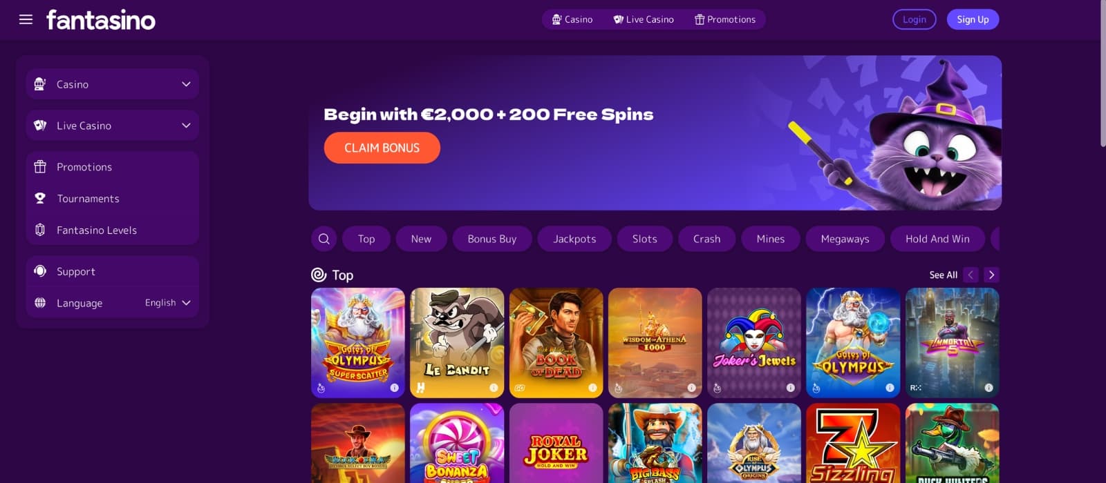 Fantasino Casino homepage showing fantasy-themed interface, welcome bonus banner and game navigation