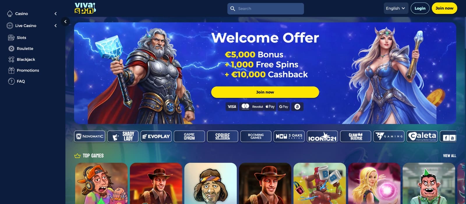VivaSpin Casino homepage showing welcome bonus banner, featured games and promotions