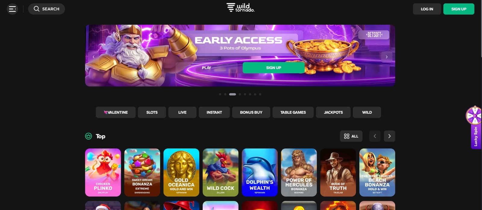 Front page of WildTornado showing highlighted bonus offers and game categories
