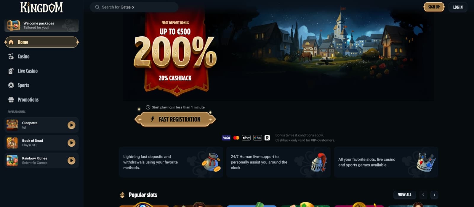 Kingdom Casino homepage with medieval theme, bonus banner and featured slot games