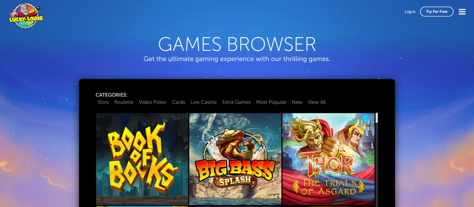 LuckyLouis casino game lobby displaying slots and live dealer options