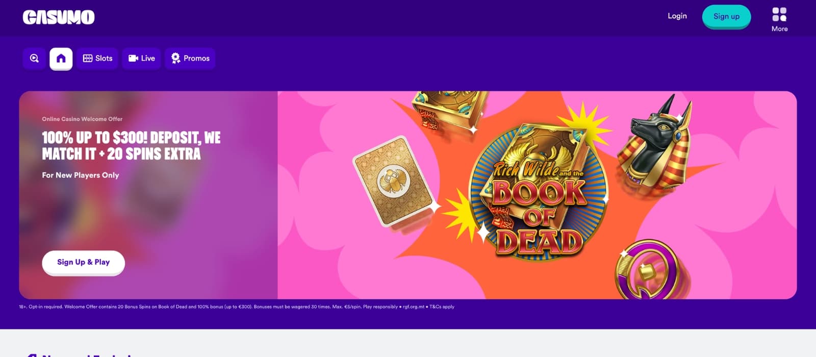 Casumo Casino homepage showing gamified interface, welcome offer and featured slot games