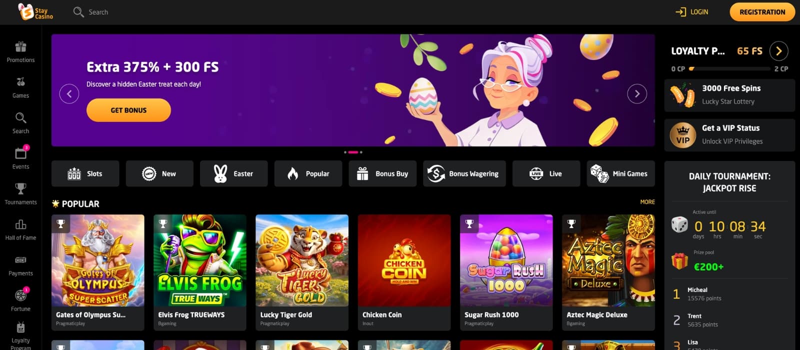 Stay Casino homepage showing welcome bonus banner, featured slots and navigation menu