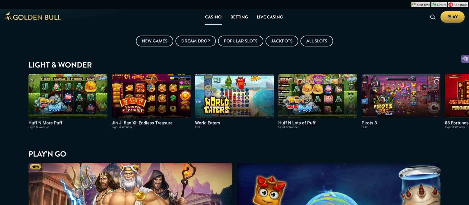 Golden Bull Casino homepage showing a selection of games