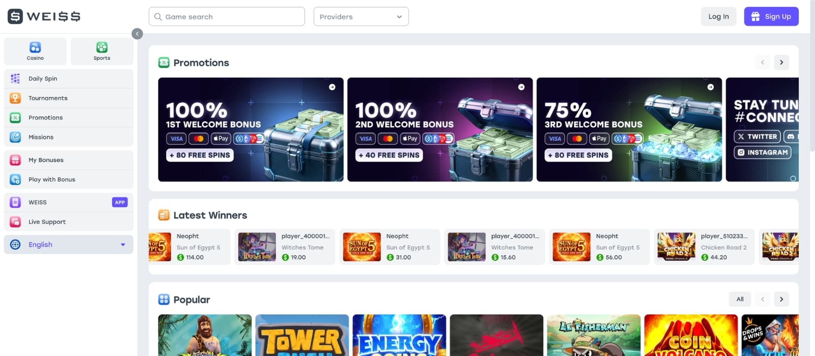 Weiss Casino front page showing featured promotions and navigation menu