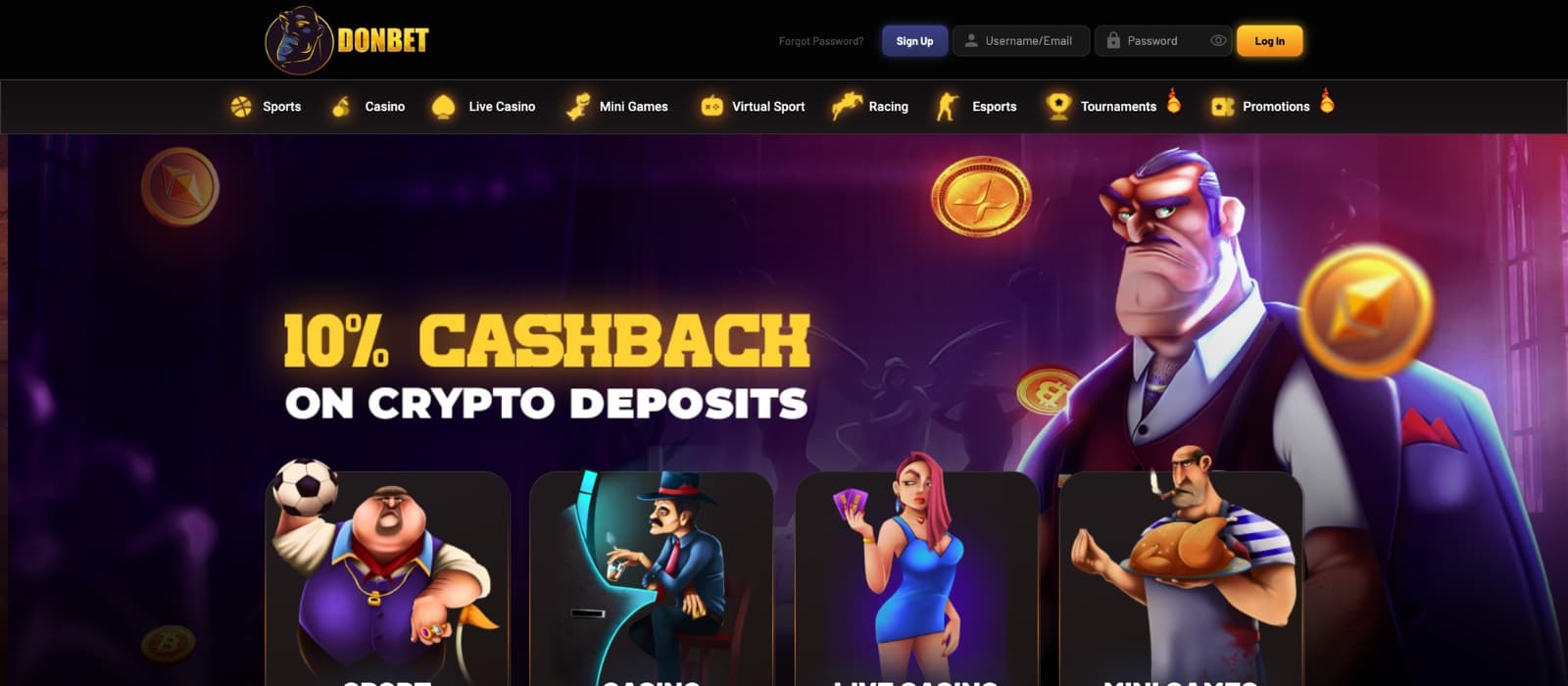 DonBet landing screen with highlighted bonus offers and casino categories