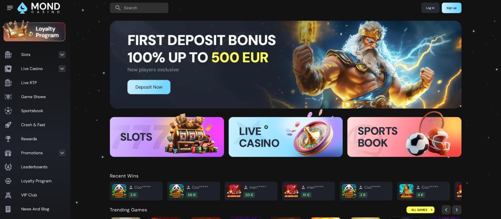 Welcome screen of Mond online casino featuring promotional banners