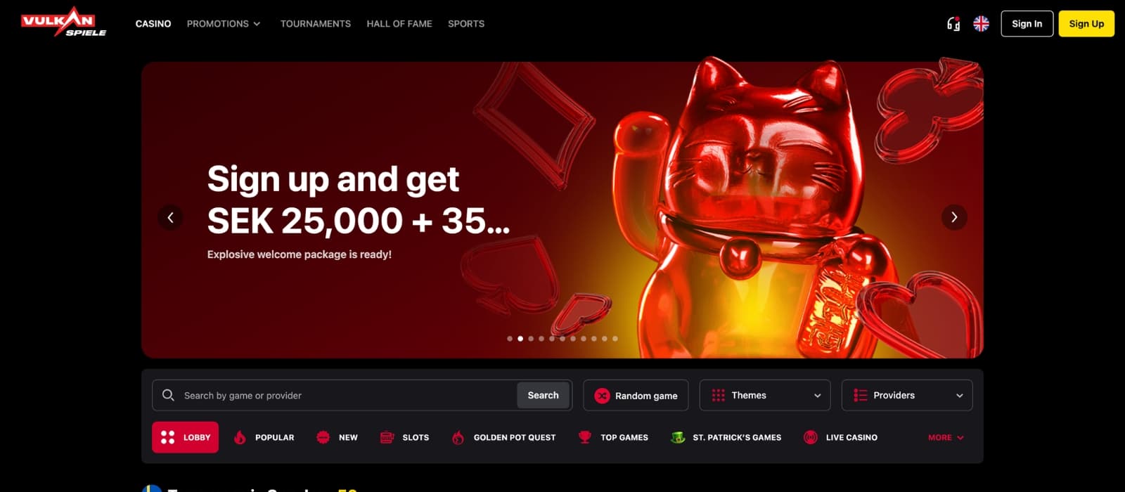 VulkanSpiele Casino homepage showing welcome bonus banner and featured slot games