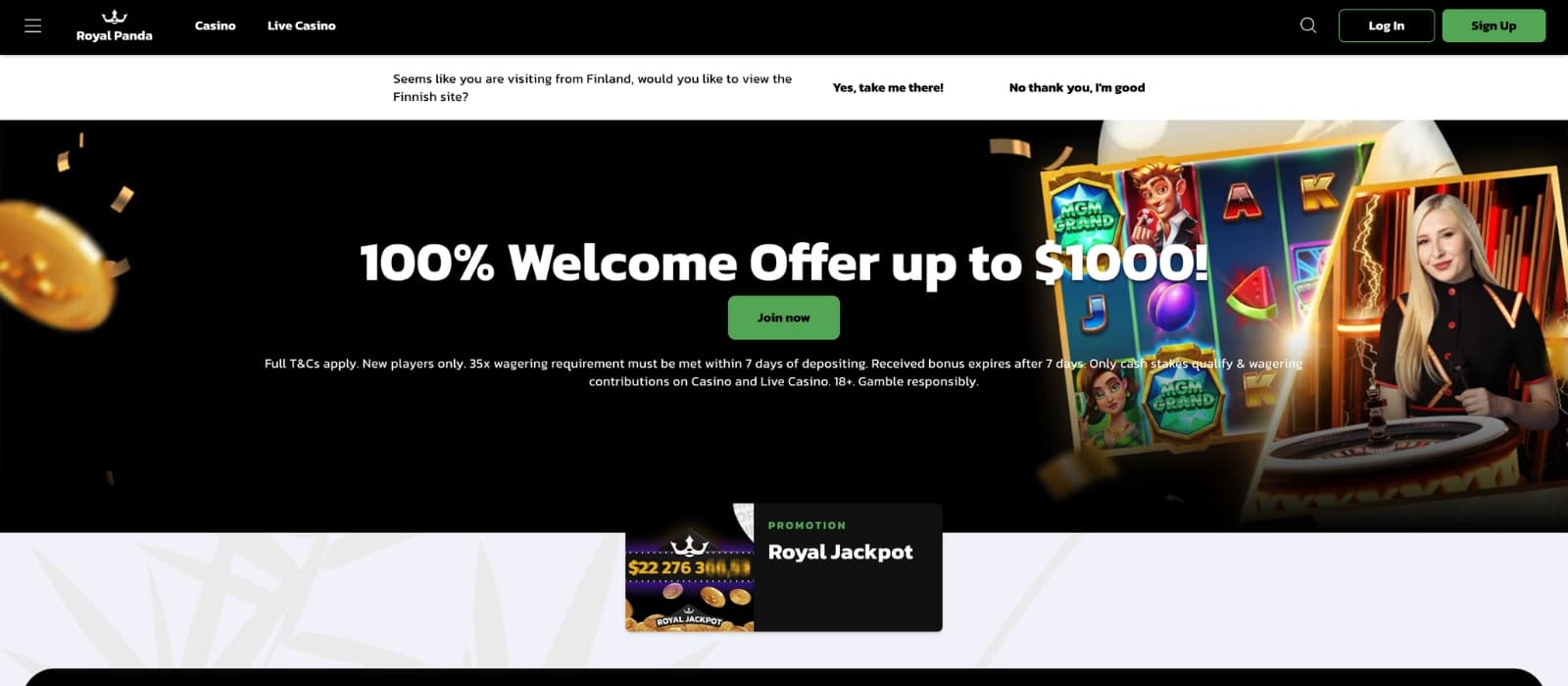 Royal Panda Casino homepage showing panda-themed design, welcome bonus banner and featured slot games