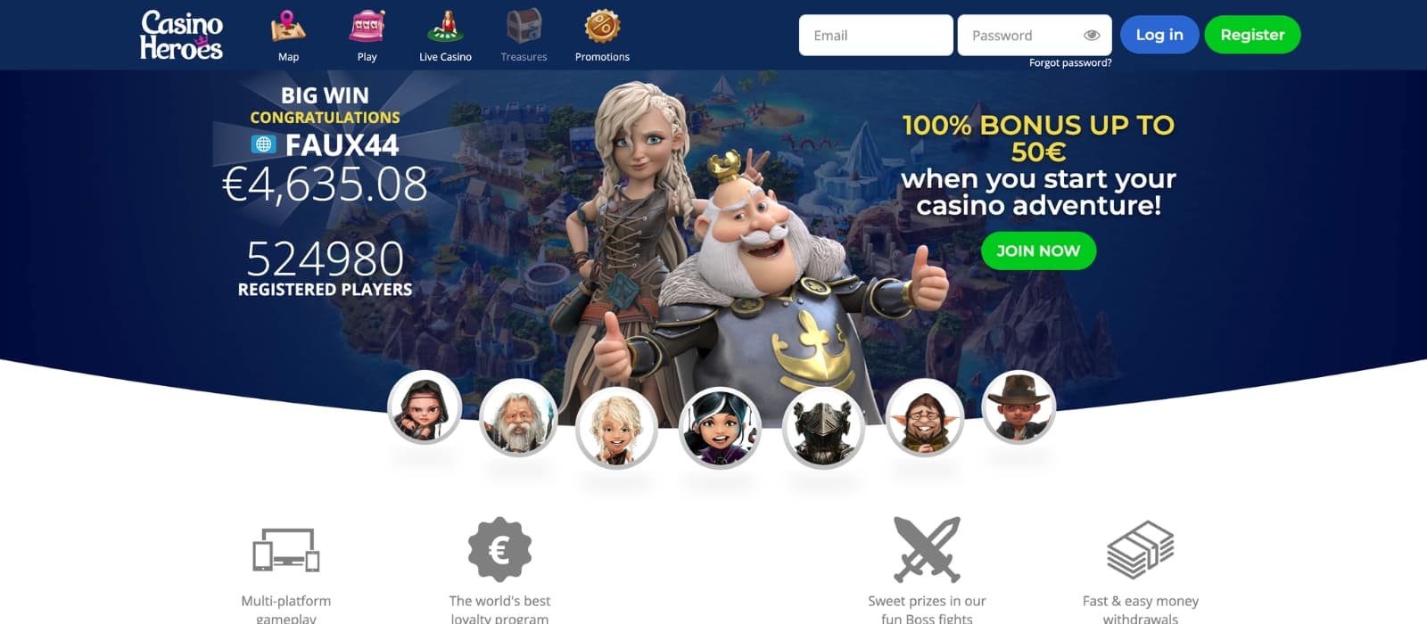 CasinoHeroes homepage showing current promotions and site navigation