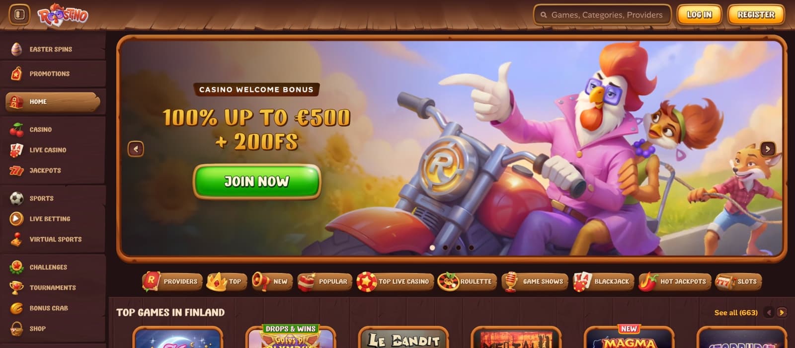 Roostino Casino homepage with farm-themed design, welcome bonus and featured games