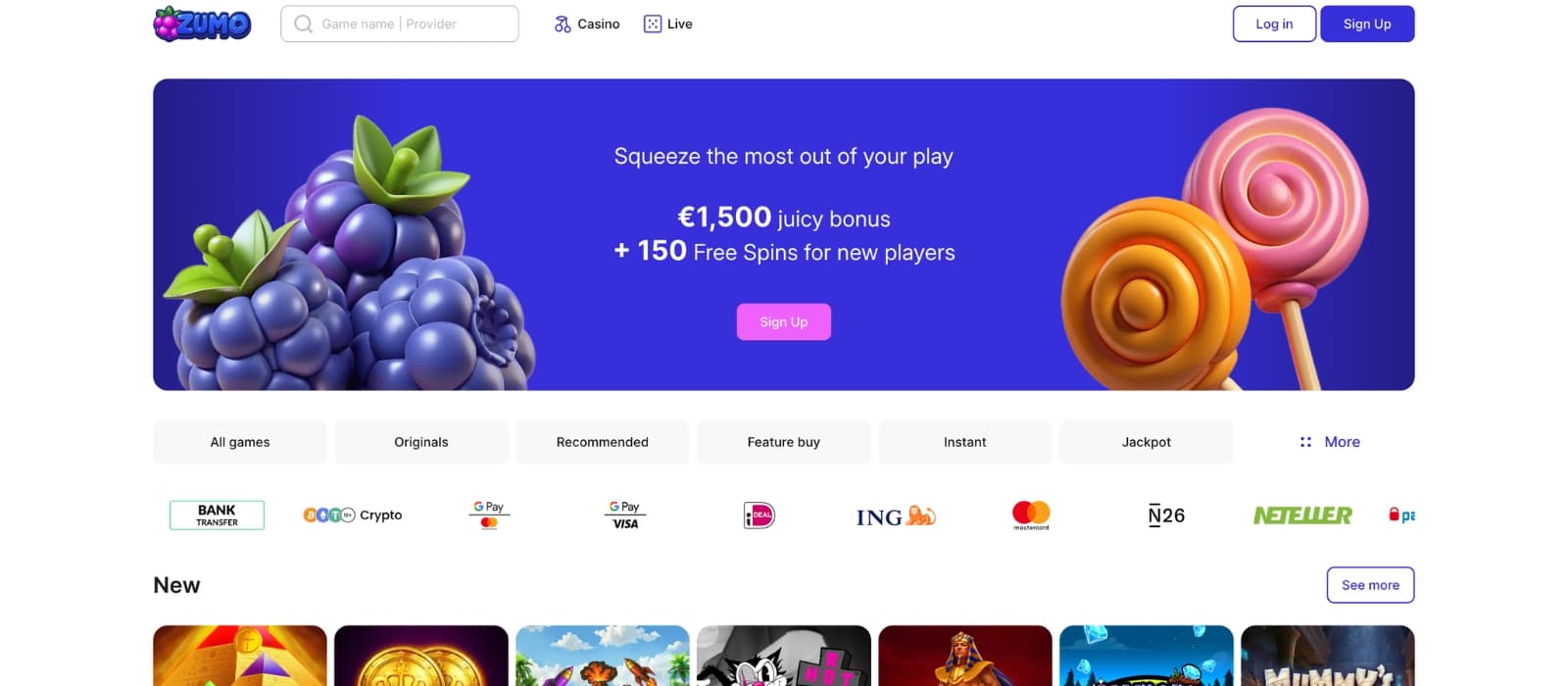 ZumoBet Casino homepage showing casino and sportsbook sections with promotional banners