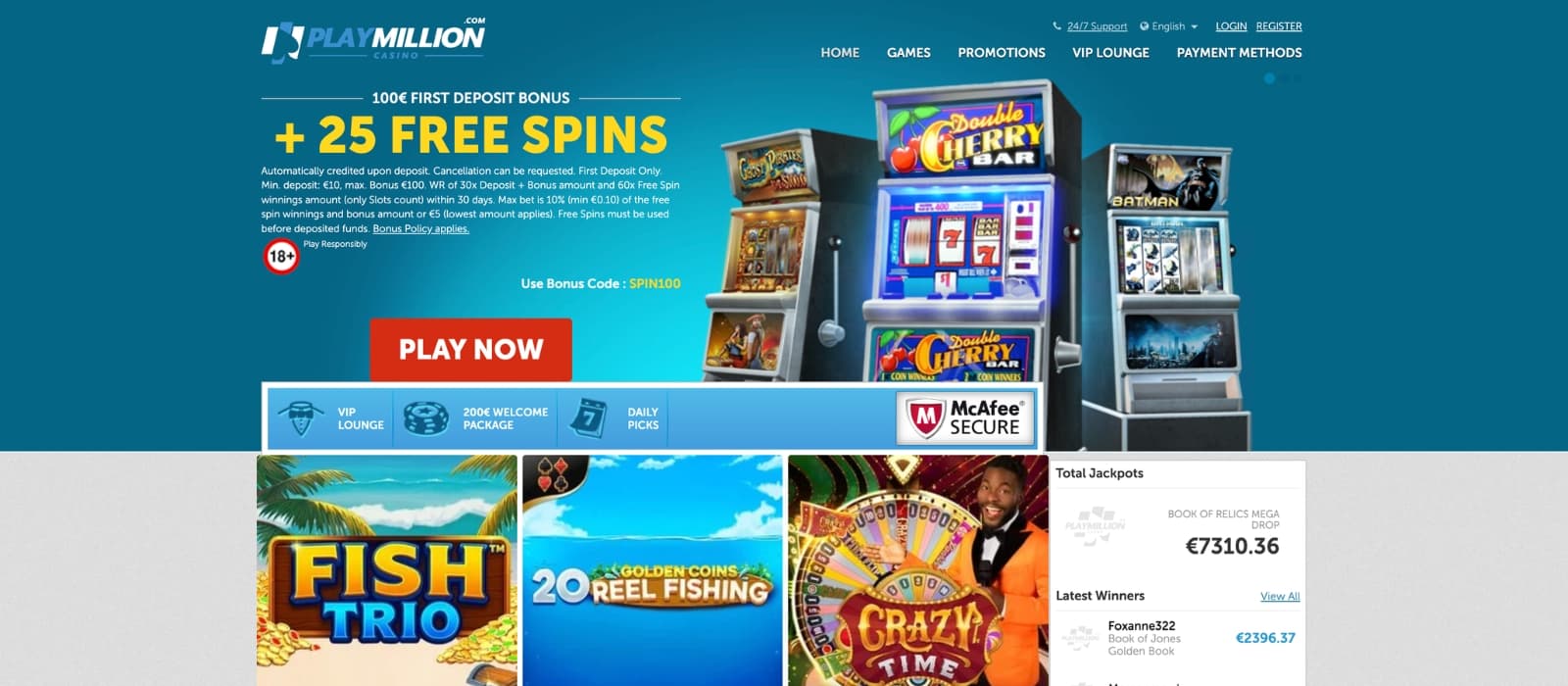 Front page of PlayMillion with featured bonus banners and game categories
