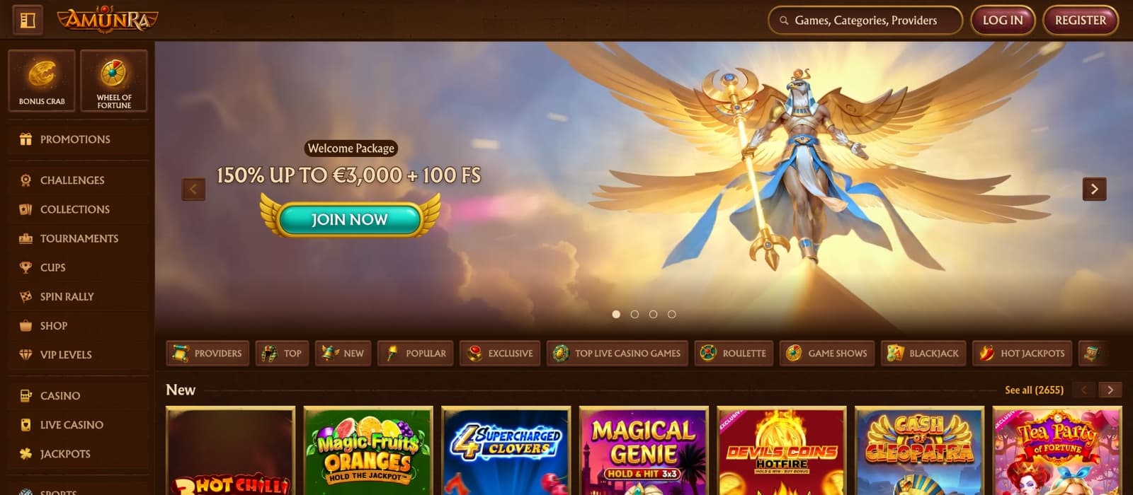 AmunRa Casino landing screen showcasing current promotions and game categories