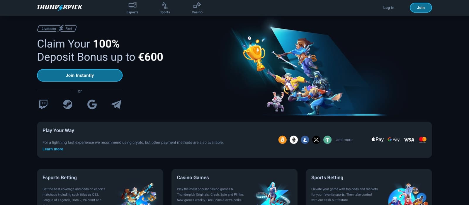 Thunderpick Casino homepage with featured bonuses and navigation options