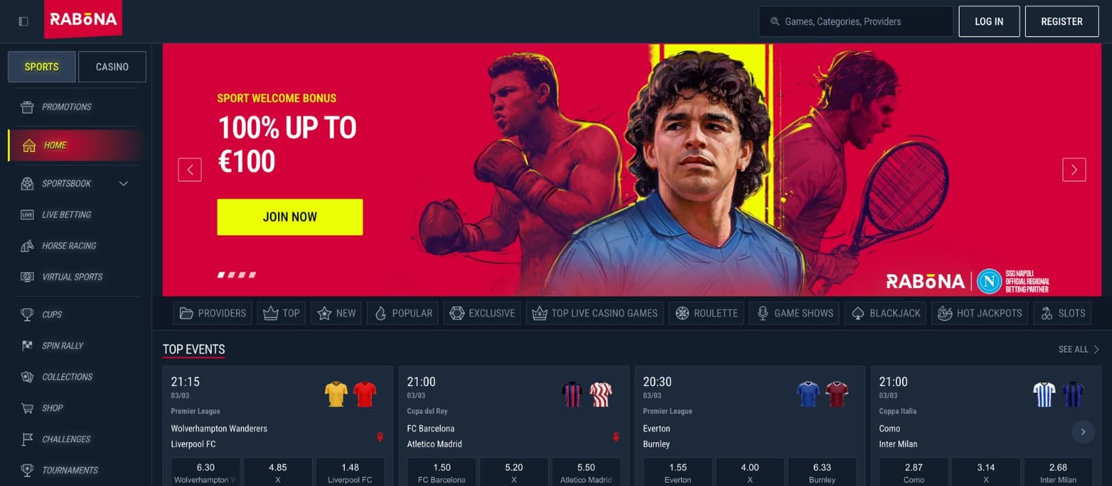 Rabona Casino homepage with featured bonuses and site navigation