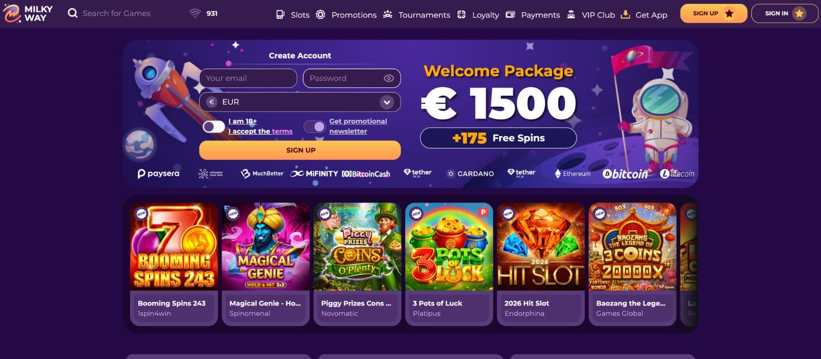 MilkyWay Casino bonus page displaying multi-step welcome offer with deposit match percentages and free spins