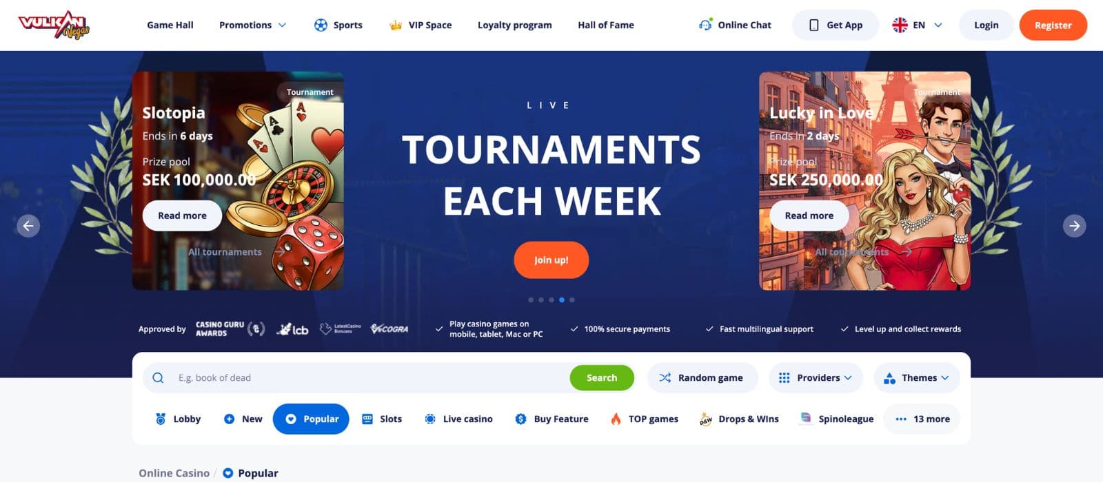 Vulkan Vegas main page featuring highlighted offers and casino sections