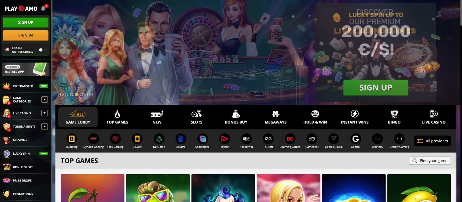 PlayAmo Casino homepage showing dark-themed design, welcome bonus banner and featured slot games