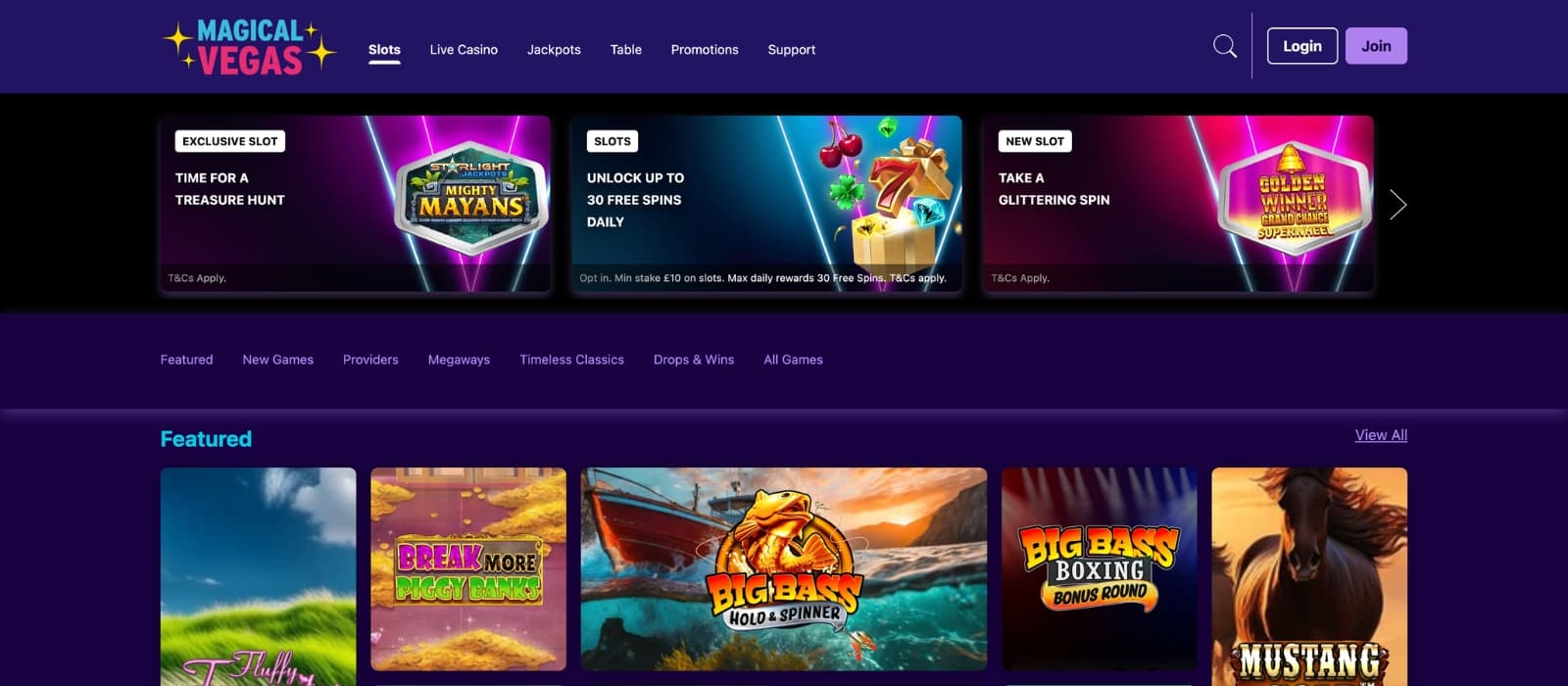 Megical Vegas Casino homepage showing featured promotions and navigation