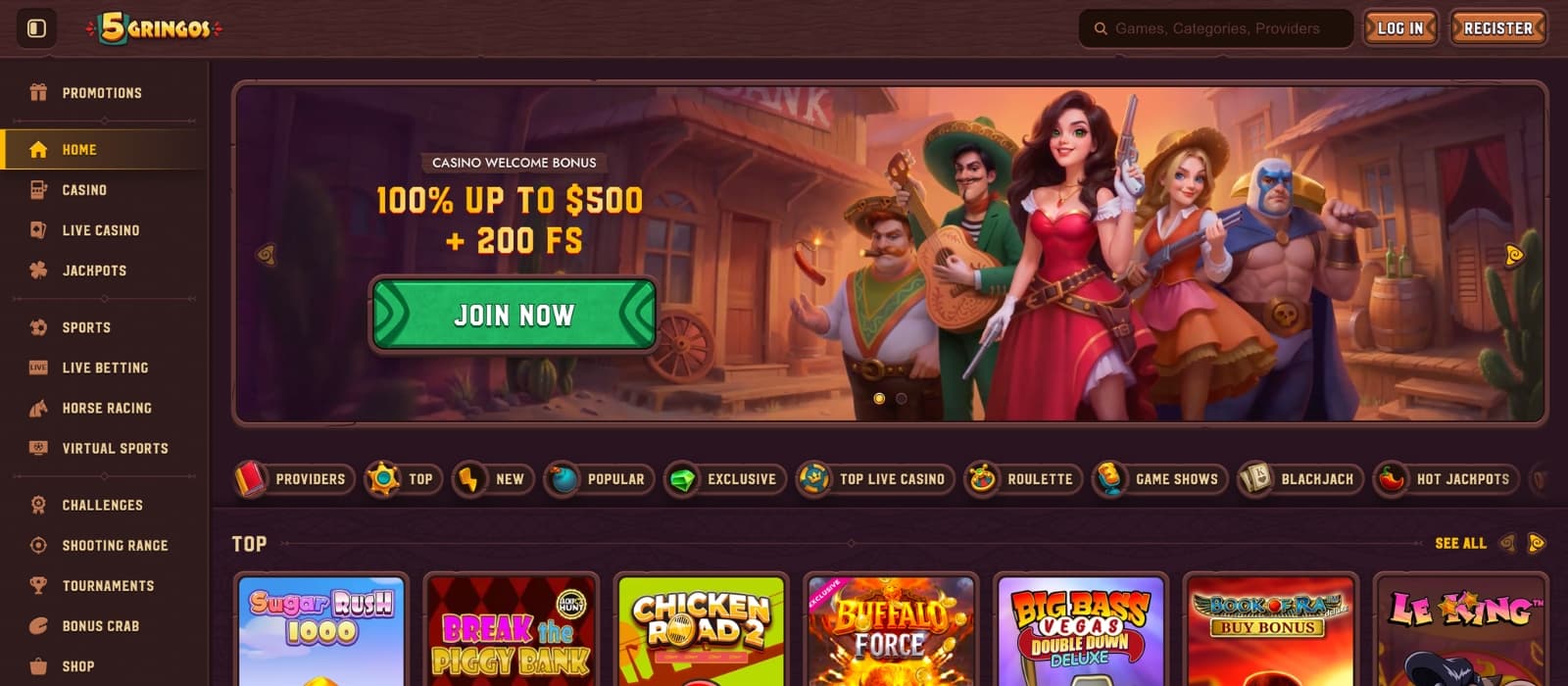 Front page of 5Gringos with featured bonuses and casino categories