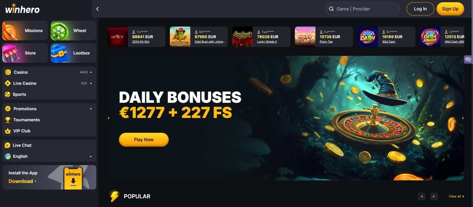 Front page of WinHero Casino highlighting top promotions and main menu