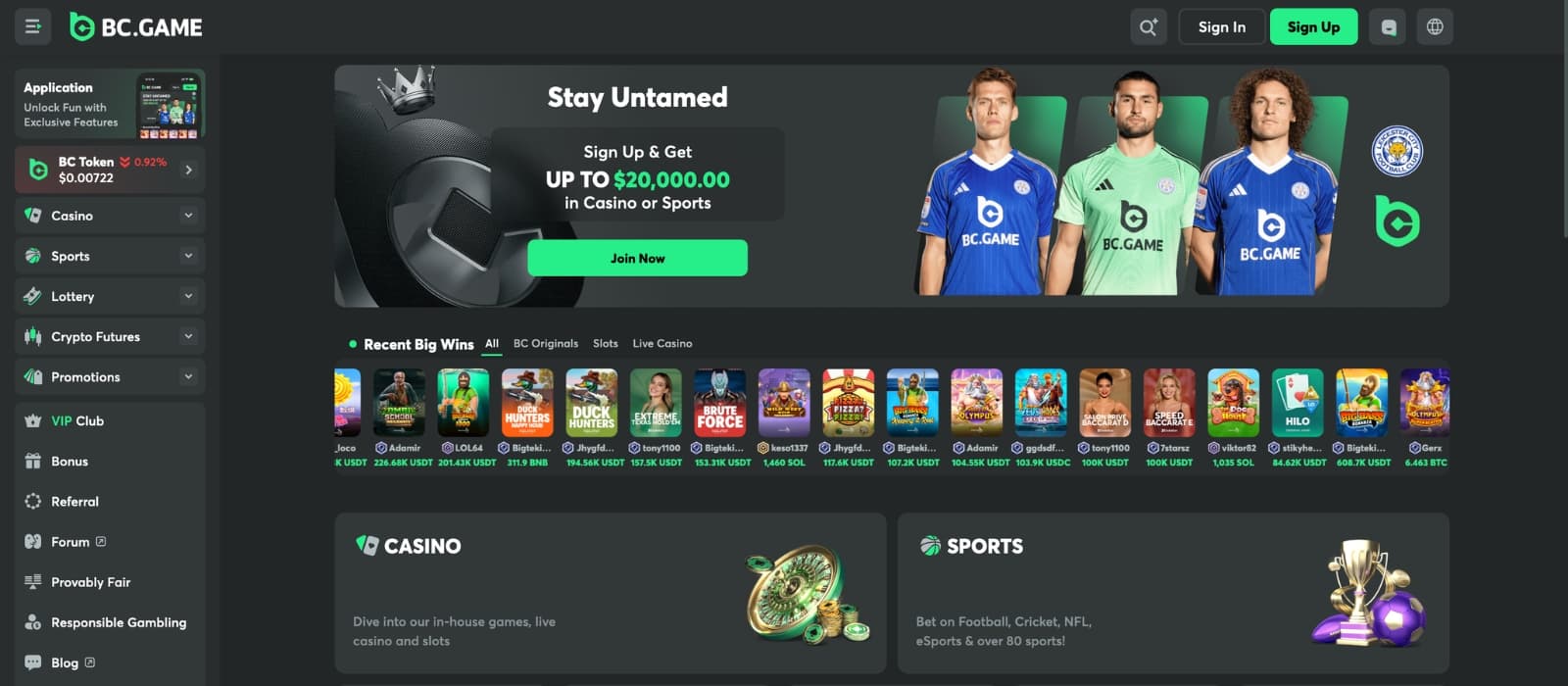 BC.Game Casino homepage featuring promotions, missions, and navigation